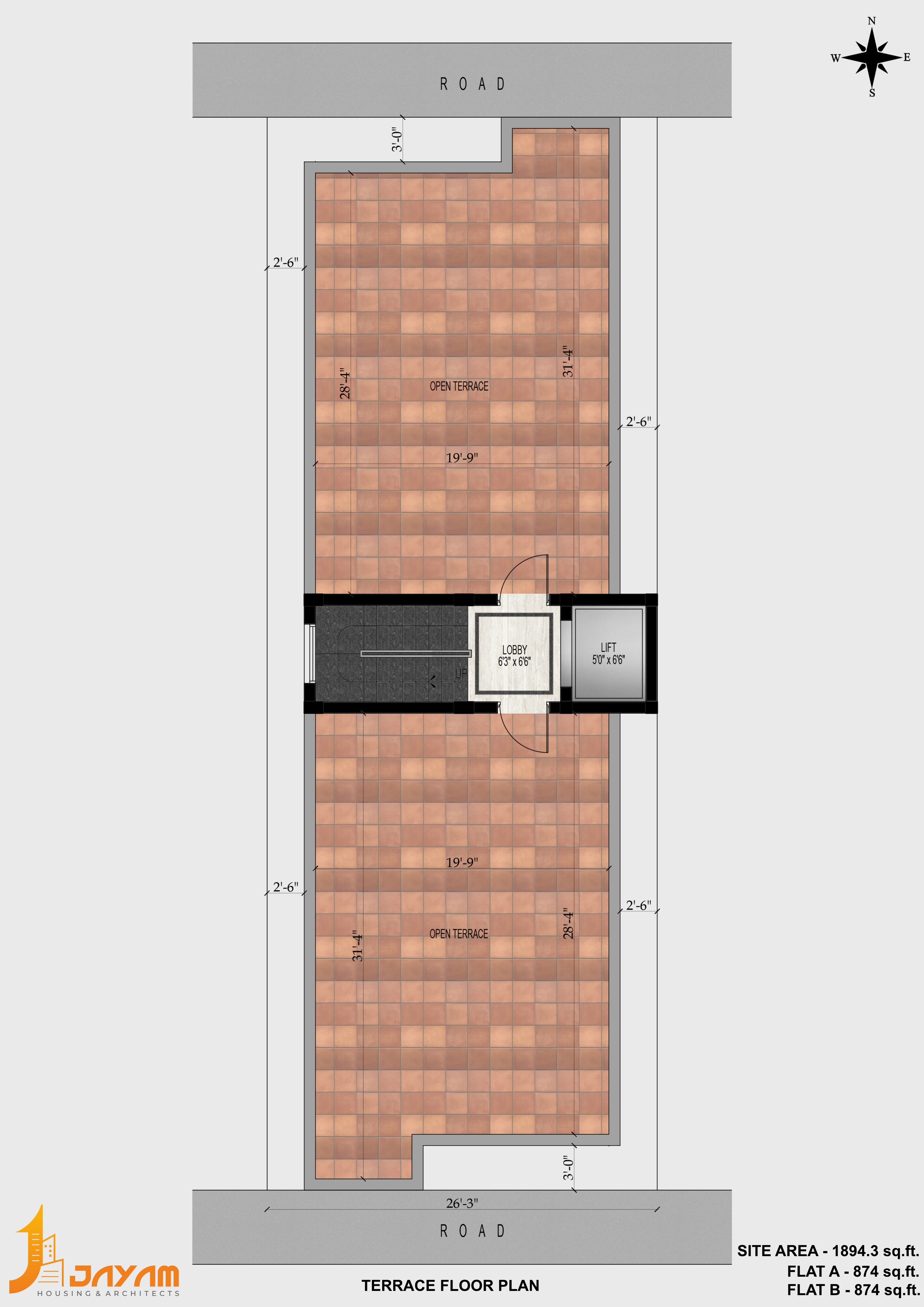 Jayam Sasi terrace layout showing open terrace areas on either side of the stairs and lift lobby.