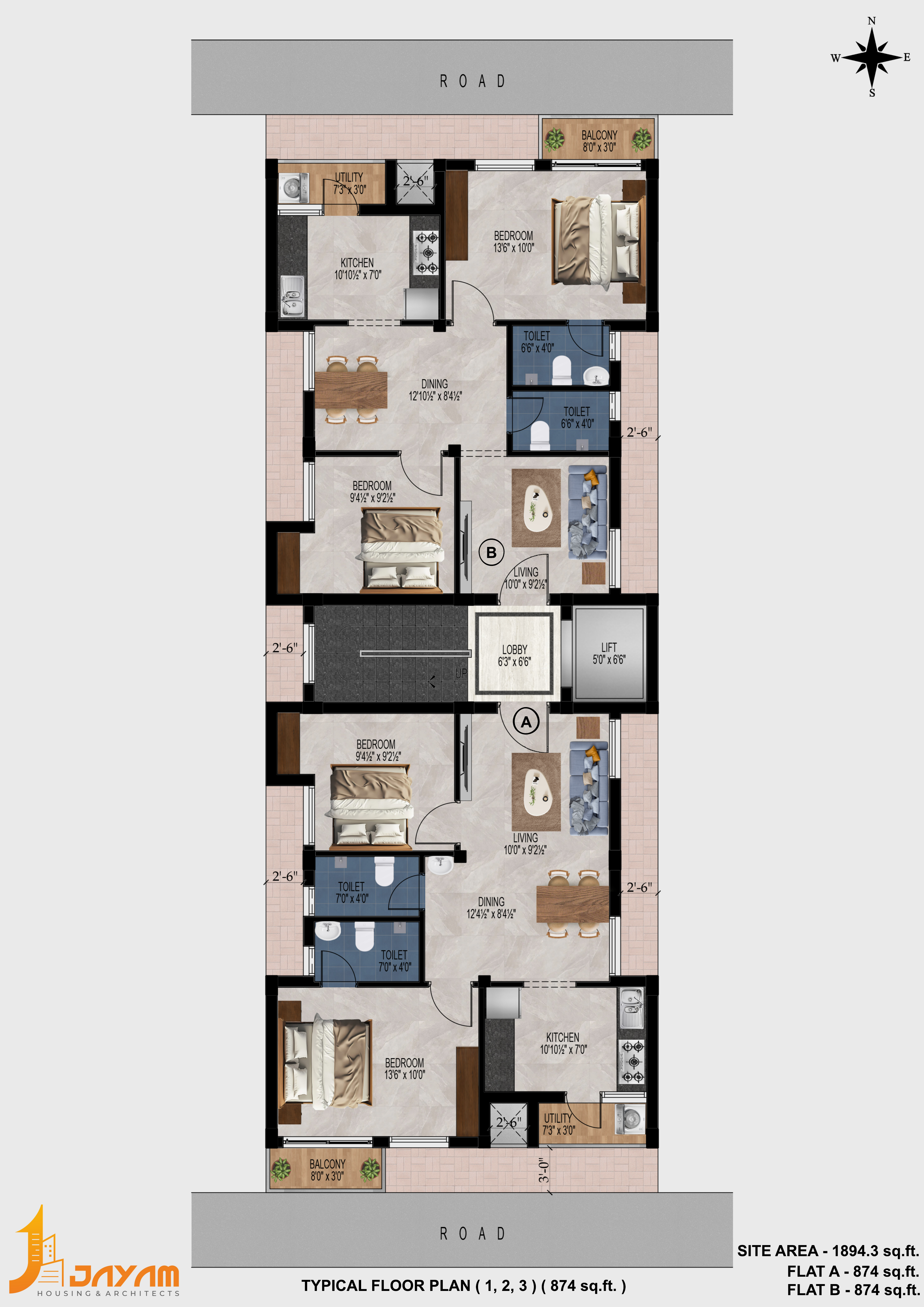Jayam Sasi typical floor layout showing two 874 sq. ft. two-bedroom apartments, Flats A and B, with balconies.